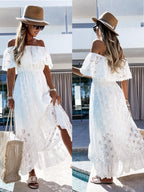 Bohemian Lace Dress White Beach Dress Tube Top off-Shoulder Sexy Dress for Women Eyelet Embroidery FilyDo