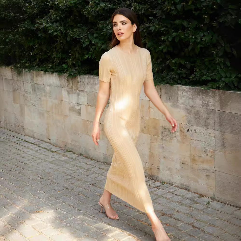Dehaired Angora Covering Yarn Slimming Short Sleeved Knitted Maxi Dress Casual Waist Tight Twist Dress for Women Havana