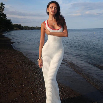 Women Clothing Autumn Sexy Cutout Knitted Contrast Color Bare Back Dress