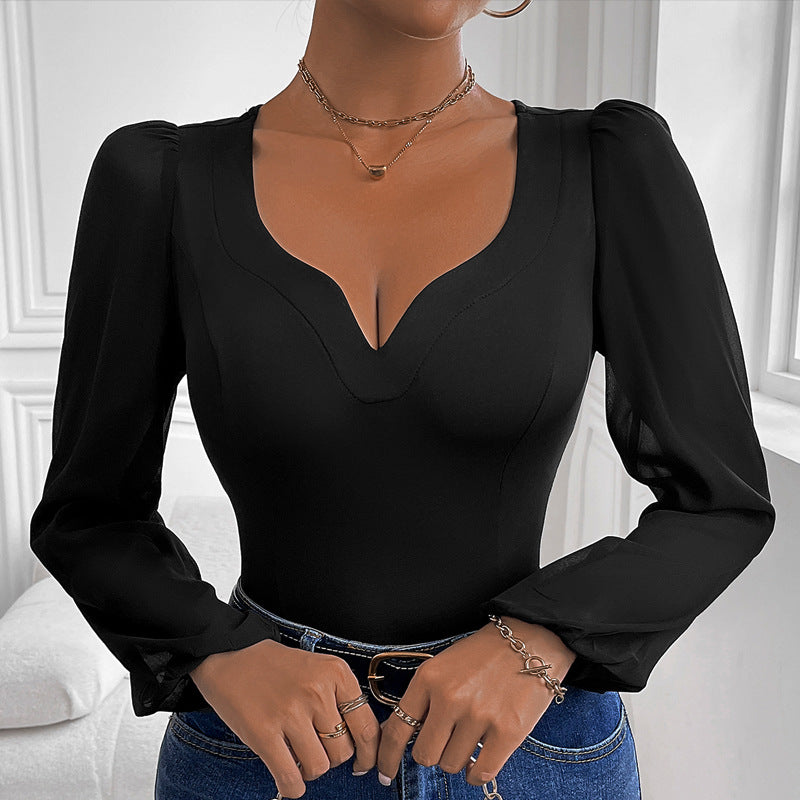 Women Clothing Black Mesh Stitching V neck Jumpsuit