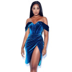 Off Shoulder Korean Velvet Boning Corset Dress Split Evening Dress Women Sexy CHARM