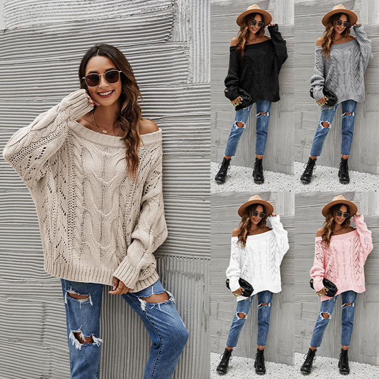 Suéter holgado de talla grande con hombros descubiertos para otoño e invierno, jersey de color liso con hombros descubiertos para mujer