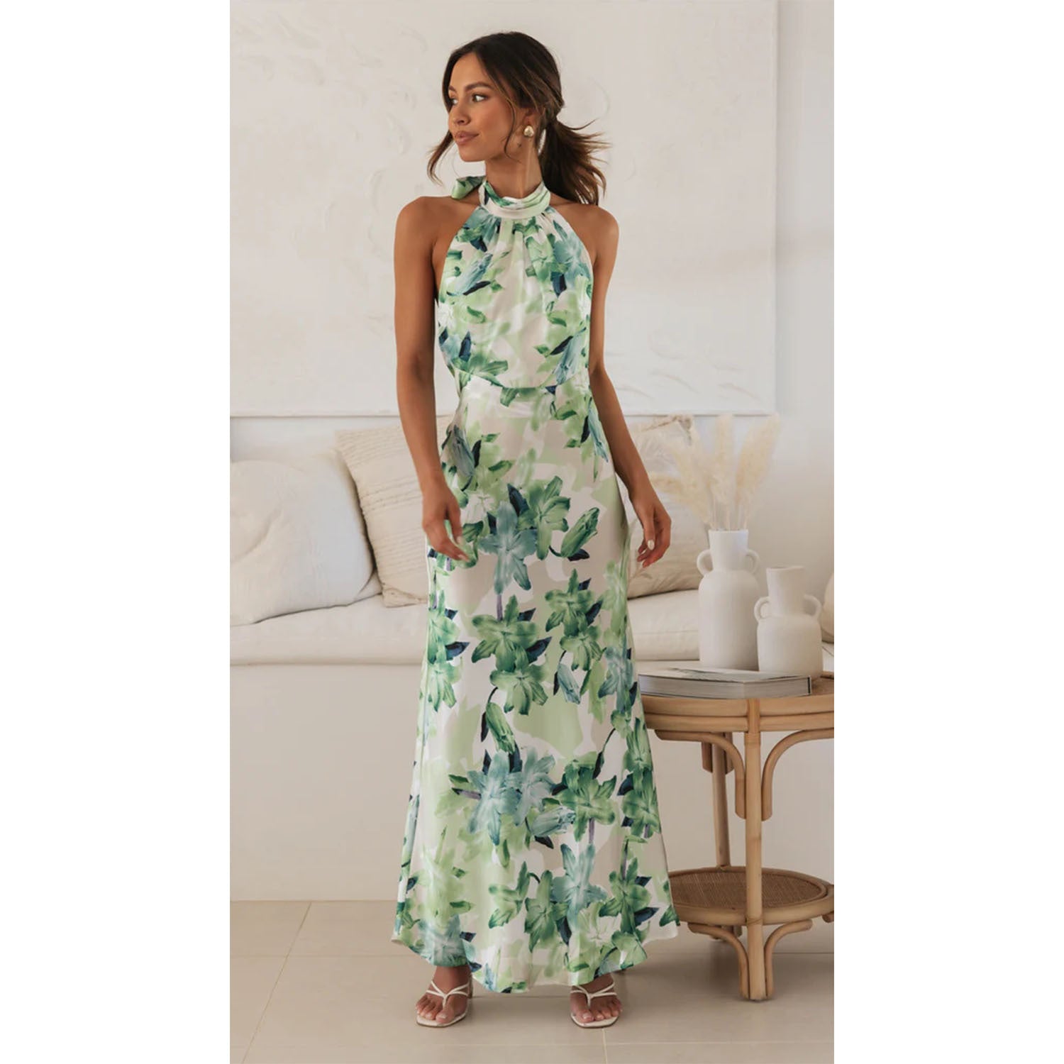 Spring Summer Floral Digital Printing Sweet Halter Mid Length Dress XUYUN
