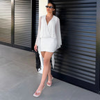 Women Clothing Summer Polka Dot Print Mesh Stitching Long Sleeves Bare Back Sheath Dress HONEYBADGER