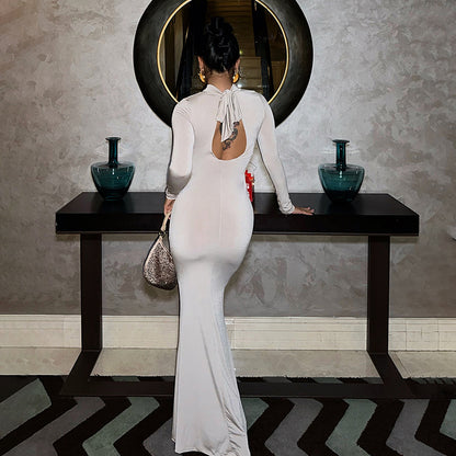 Fall Women Clothing Sexy Cutout Socialite Private Clothing Elegant Three Dimensional Floral Long Sleeve Slim Maxi Dress