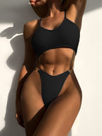 Maillot de bain une pièce double pour femme, bikini à bandes, dos nu, couleur unie