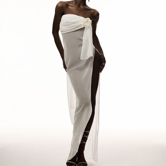 Summer Sexy off Shoulder Scarf Bow Tube Top See through Irregular Asymmetric Dress