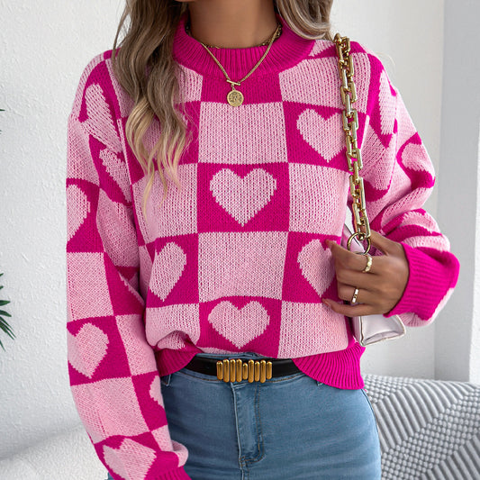 Real Shot Autumn Winter Love Plaid Lantern Long Sleeve Pullover Women Clothing Valentine Day