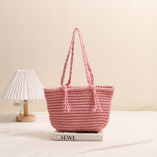 Bolso de hombro tejido con hilo de algodón y borlas, bolso de paja de color liso, bolso de playa para vacaciones, bolso informal para mujer 