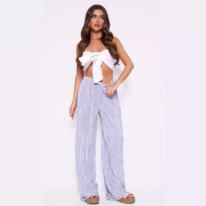 Summer Women Wide Leg Pants High Grade Luxury Pleated Satin Flash Casual Pants