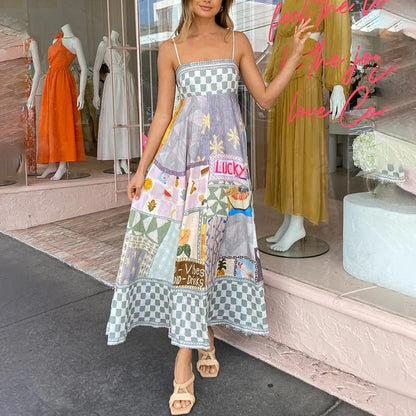 Elegant Casual Design Print Strap Slim High Waist Slimming Maxi Dress Women Clothing Ory