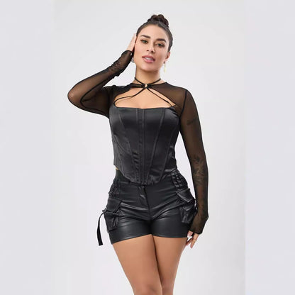 Top corto sexy con cremallera y abertura en el pecho, de satén microelástico y costuras de malla.