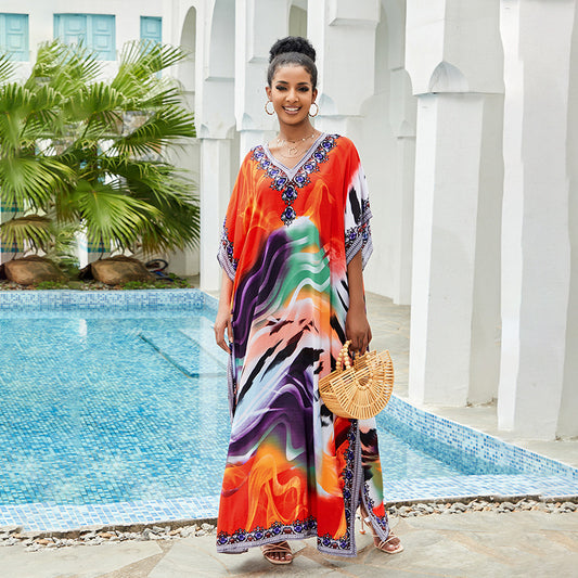 Vestido maxi suelto de vacaciones con estampado floral de rayón, bata de playa, protección solar, traje de baño, ropa exterior, blusa