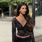 Autumn Sexy Hollow Out Cutout out V neck Lace See through Bottoming Top FREYA