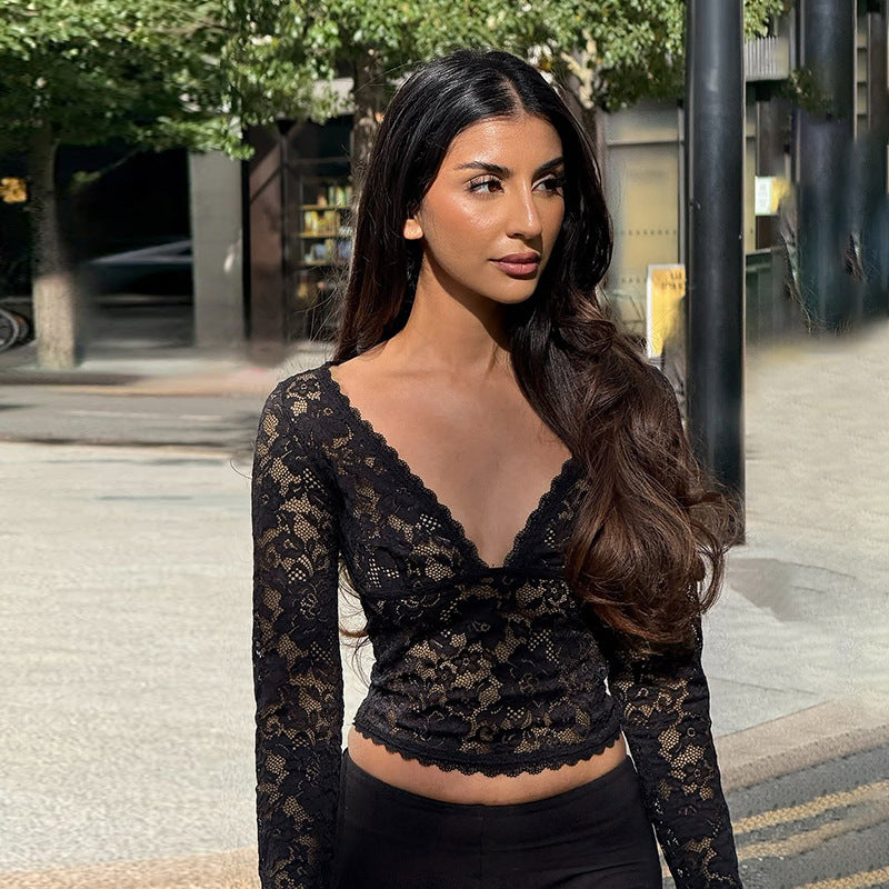 Autumn Sexy Hollow Out Cutout out V neck Lace See through Bottoming Top FREYA