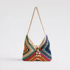 Sac ethnique à bandoulière simple en fil de coton tissé, sac de paille à grille grand-mère colorée, sac de vacances, sac de plage pour femmes 