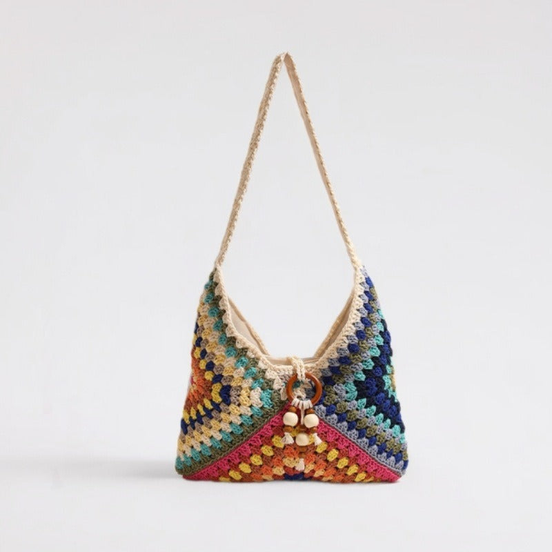 Sac ethnique à bandoulière simple en fil de coton tissé, sac de paille à grille grand-mère colorée, sac de vacances, sac de plage pour femmes 