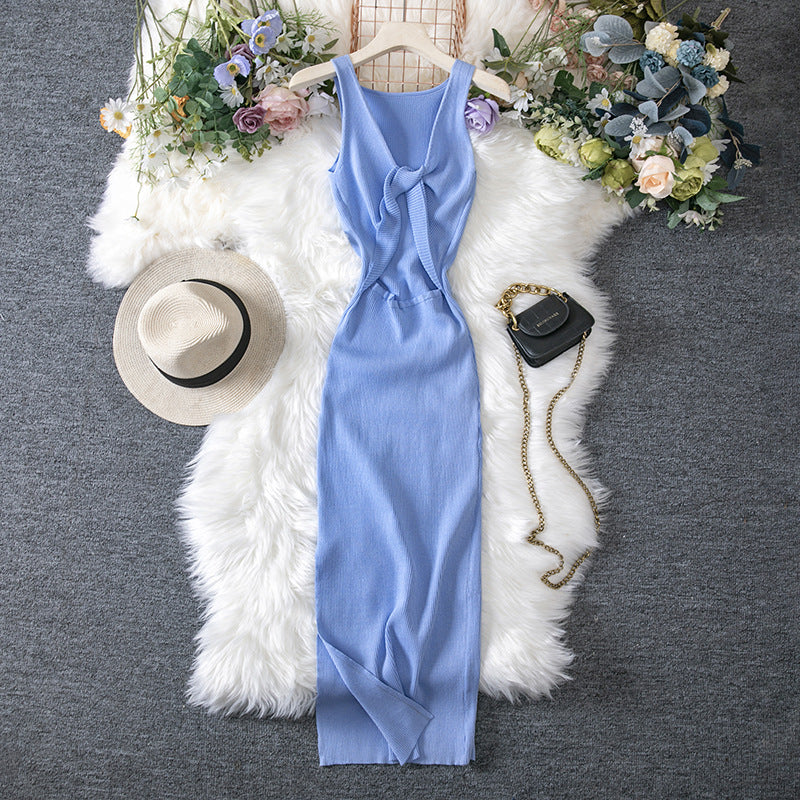 Women Clothing Summer Sexy Kinked Chest Flattering Machine Hollowed Reversible Knitted Dress SEVENSUMMER