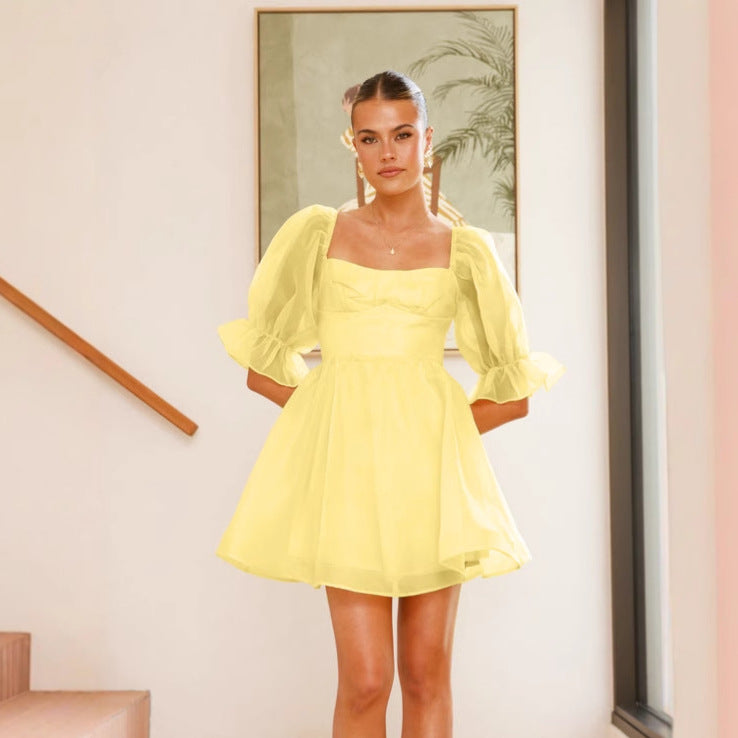Organza Solid Color Retro Puff Sleeve Princess Dress Large Dress XINXI