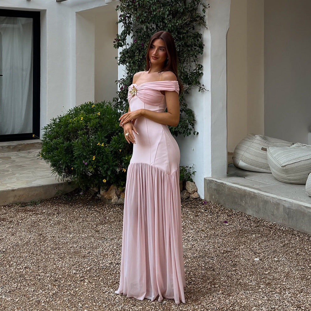 Elegant Tube Top Ladies Dress Sexy Mesh Stitching Backless Pleated Slim Fit Maxi Dress JULISSA