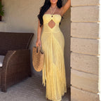 Sexy Hand Crocheting Long Fringe Halter Strap Dress Cropped Outfit Beach Cover up Dress Tidee