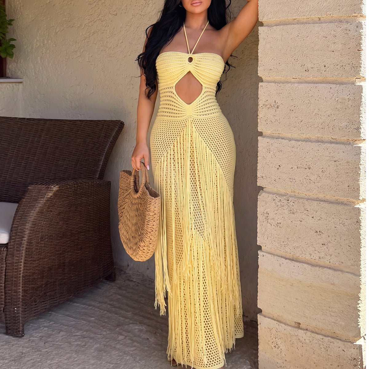 Sexy Hand Crocheting Long Fringe Halter Strap Dress Cropped Outfit Beach Cover up Dress Tidee