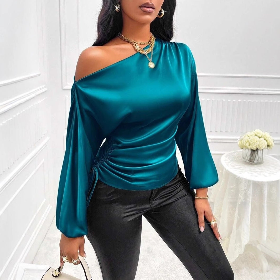 Women Clothes Satin Shirt Autumn Winter Asymmetric Long Sleeve Diagonal Collar Shirt Top