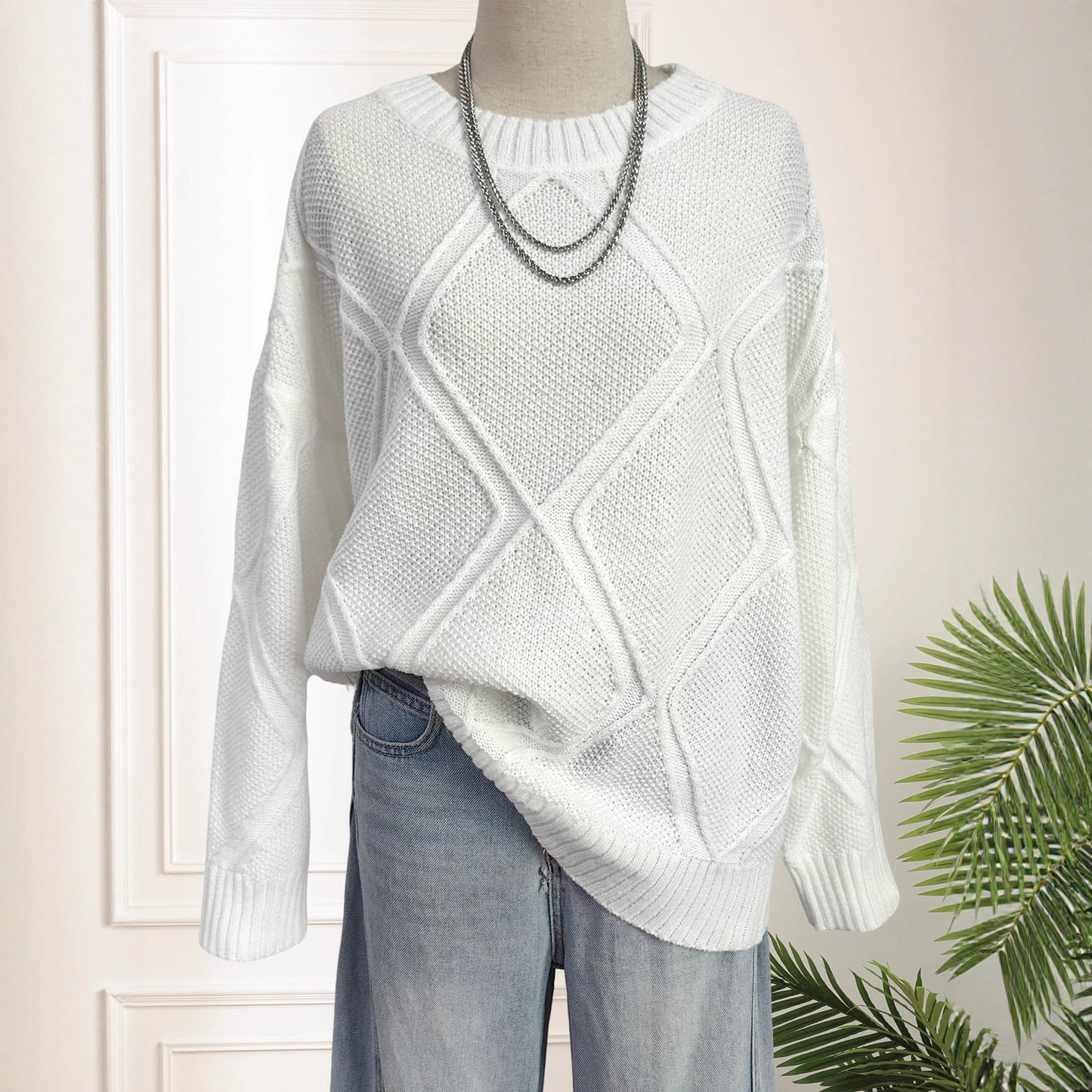 Top Platform Women Clothing Diamond Plaid Jacquard Loose Fitting Idle Casual Pullover Sweater