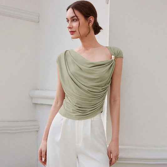 Ropa de verano para mujer, color sólido, personalidad sencilla, cuello diagonal, sin mangas, ceñido, jersey adelgazante para mujer