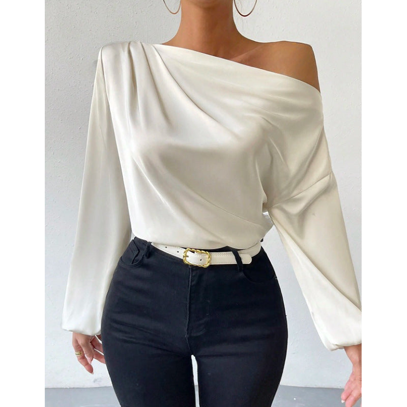 Oblique Shoulder Design Long Sleeve Shirt Women Asymmetric Pullover Top Solid Color Satin Long