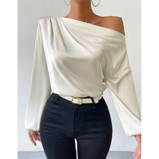 Oblique Shoulder Design Long Sleeve Shirt Women Asymmetric Pullover Top Solid Color Satin Long