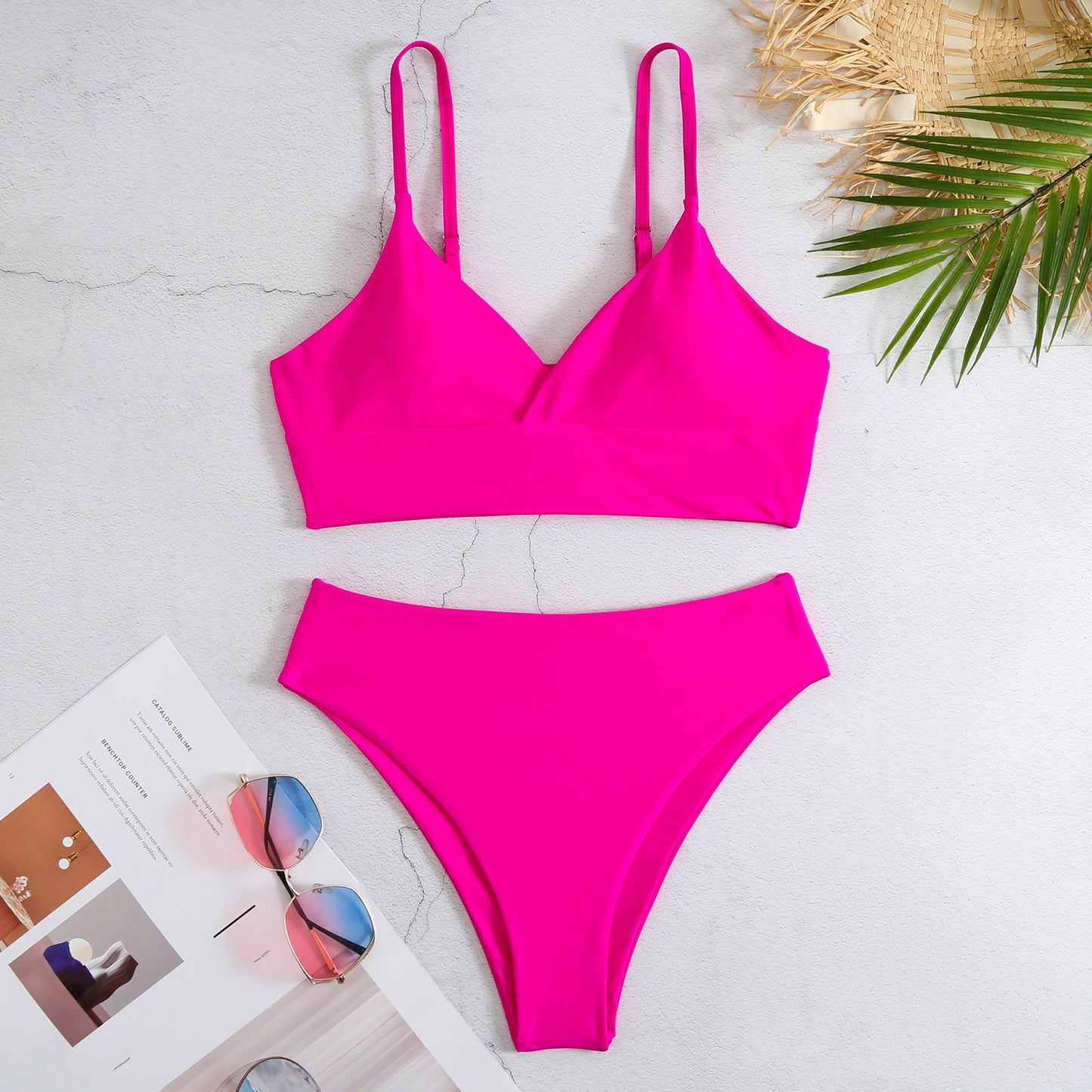 Traje de baño de bikini de color sólido de cintura alta para mujer traje de baño sexy bikini