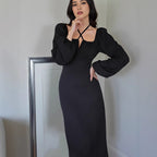 Women Clothing Spring Summer Solid Color Square Collar Bust Cross Strap Neck Slim Dress George