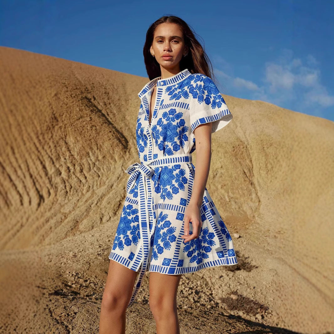 Summer Trade Casual Women Clothing Printed Lace up Dress XUYUN