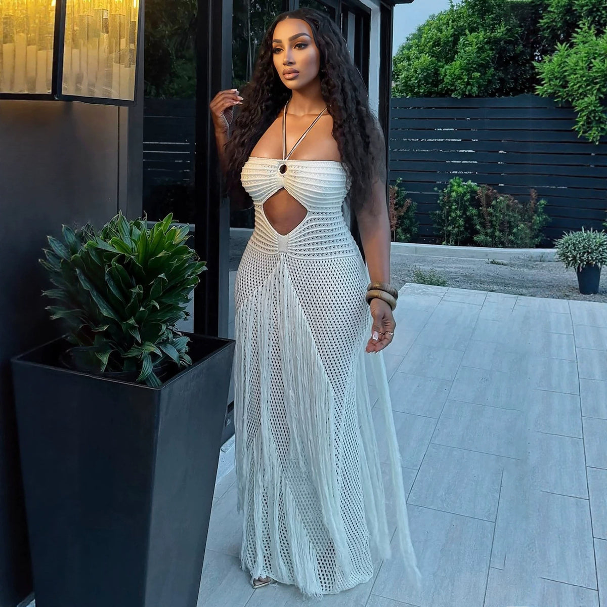 Hollow Out Cutout Bikini Cover Sexy Waist Drawstring Tassel Knitted Beach Dress for Women MSTYLE