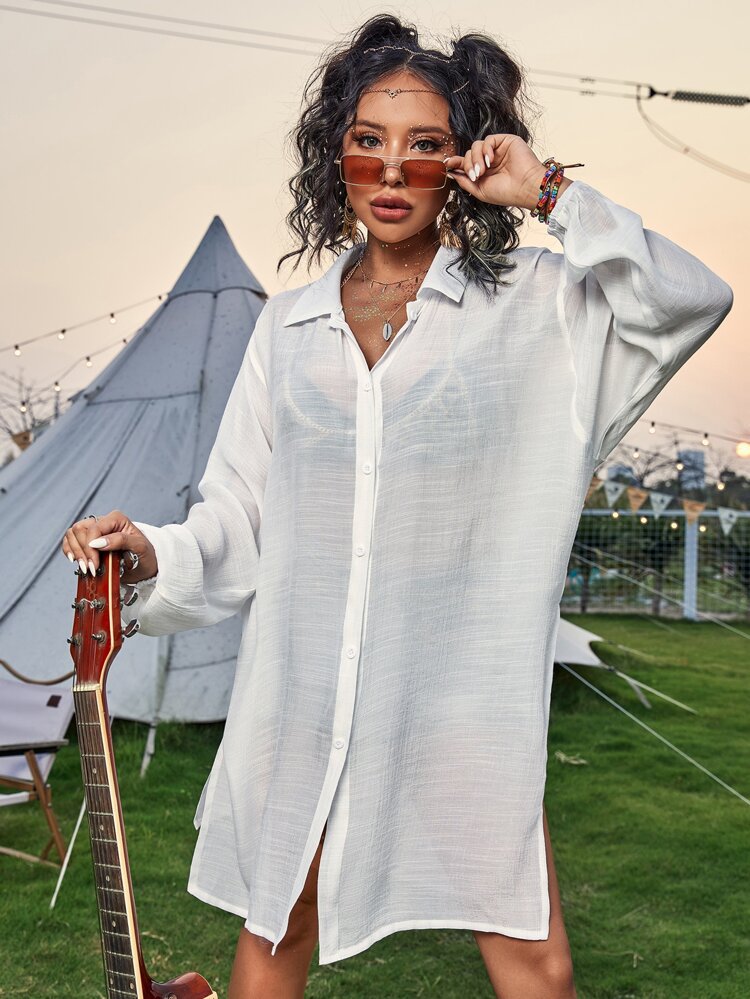 Cotton Long Sleeved Shirt Beach Cover up Vacation Sun Protection Shirt Bikini Swimsuit Outwear Cardigan EvenStar