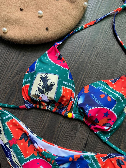 Traje de baño de dos piezas con nudo dividido y estampado digital, bikini sexy para mujer