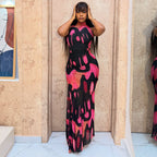 Women Clothing Hollow Out Cutout out Cinched Printed Design Hip Dress Color Matching Turtleneck Sleeveless Dress Kinci