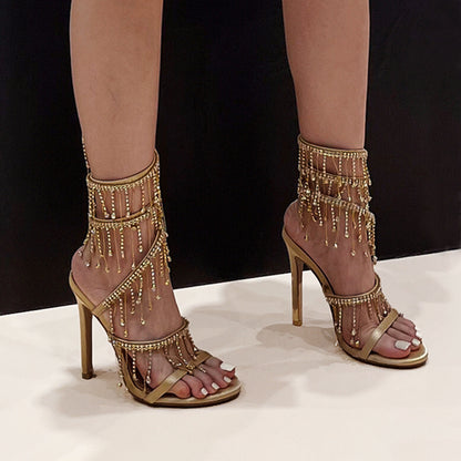 Sandalias de verano con tacón de aguja de 11 cm, pequeñas, redondas y adornadas con diamantes de imitación, color negro y dorado 