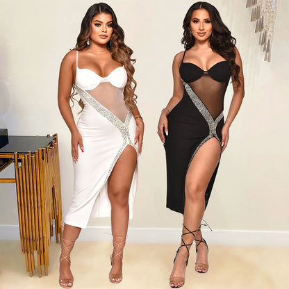 Summer Women Clothing Sexy Strap Rhinestone Split Dress for Women