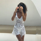 Summer Sexy Lace Cutout Solid Color Crochet Beach Cover up Dress Women