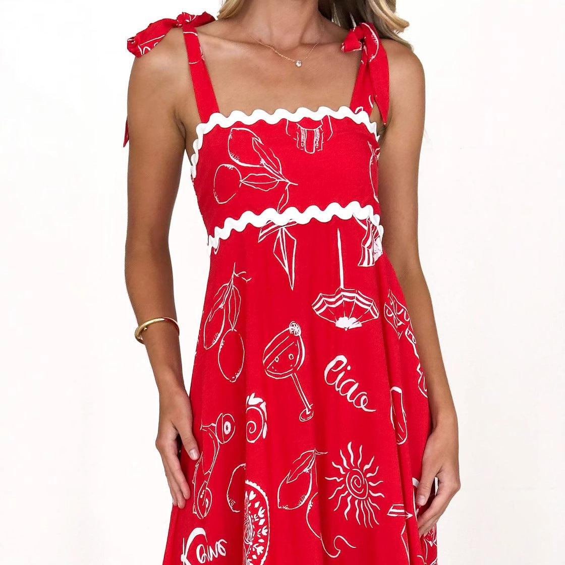 Small Floral Wave Strap Halter A line Dress Women XINXI