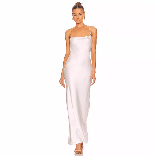 French White Bead Necklace Evening Dress Silk Satin Texture Women Sexy Backless Elegant Party Dress