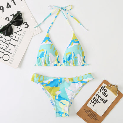 Women Split Sexy Digital Printing Lace up Bikini Swimsuit Swimwear Beach Swimwear