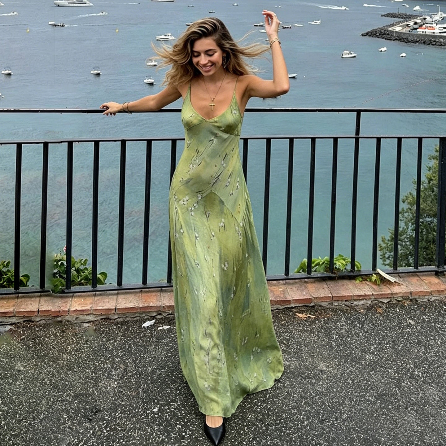 Romantic Floral Printed V neck Strap Dress Vacation Fresh Stylish Elegant Expansion Dress Women LingSharp