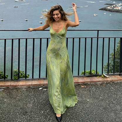 Romantic Floral Printed V neck Strap Dress Vacation Fresh Stylish Elegant Expansion Dress Women LingSharp