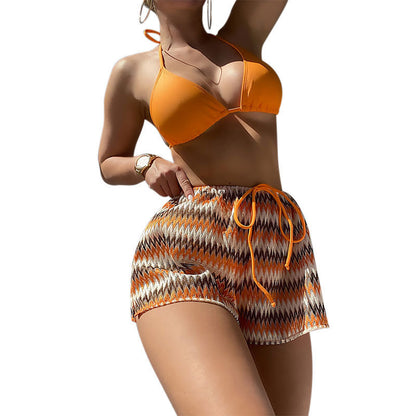 Bikini deportivo sexy tipo bóxer con cuello halter y abertura para mujer, traje de baño de tres piezas