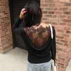 Black Sexy Lace Stitching Hollow Out Cutout out See through Backless Top Swing Collar off Shoulder Waist Controlled Long Sleeves T shirt LingSharp