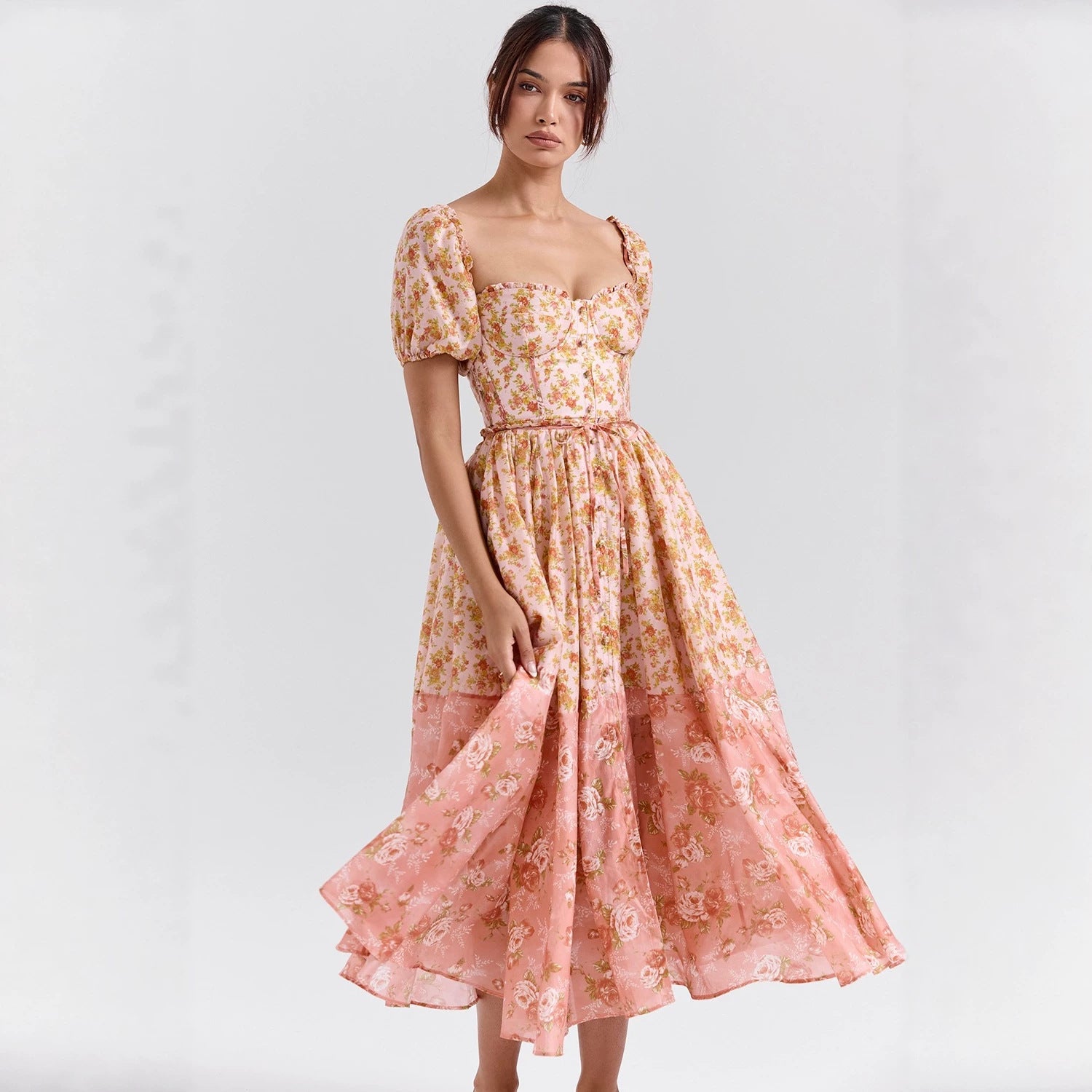 Bubble Sleeve Women Floral Floral Print Pleated Women Dress XINXI