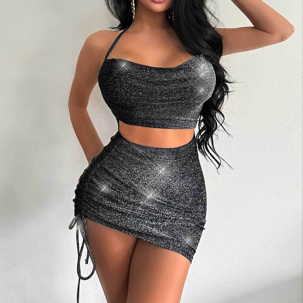 Spring Summer Dress Solid Color Slim Fit Backless Sling Hip Women Drawstring Ruffle Short Dress DRIVINGSTRONG